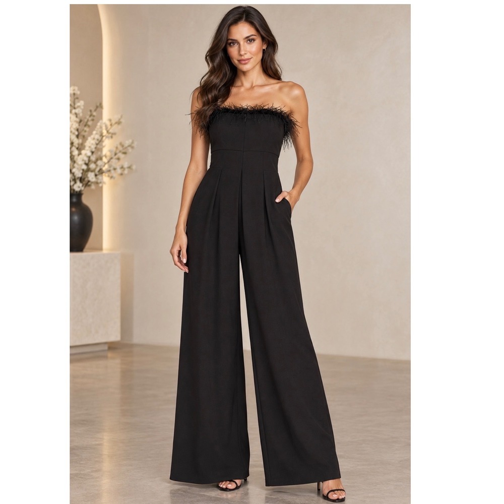 NEW Altar'd State Feather Trim Strapless Jumpsuit Women Size M Wide Leg NWT